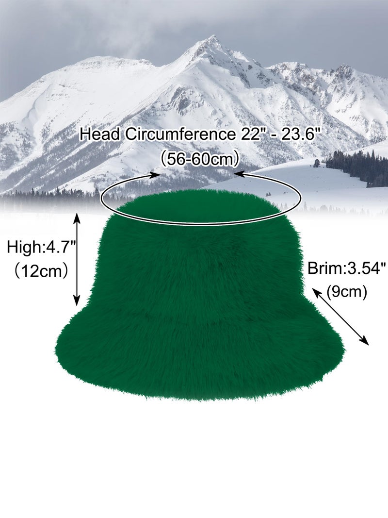 LA CARRIE Women's Fuzzy Wide Brim Faux Fur Bucket Hat Winter Warmer Fisherman Cap(Green) - Image 3