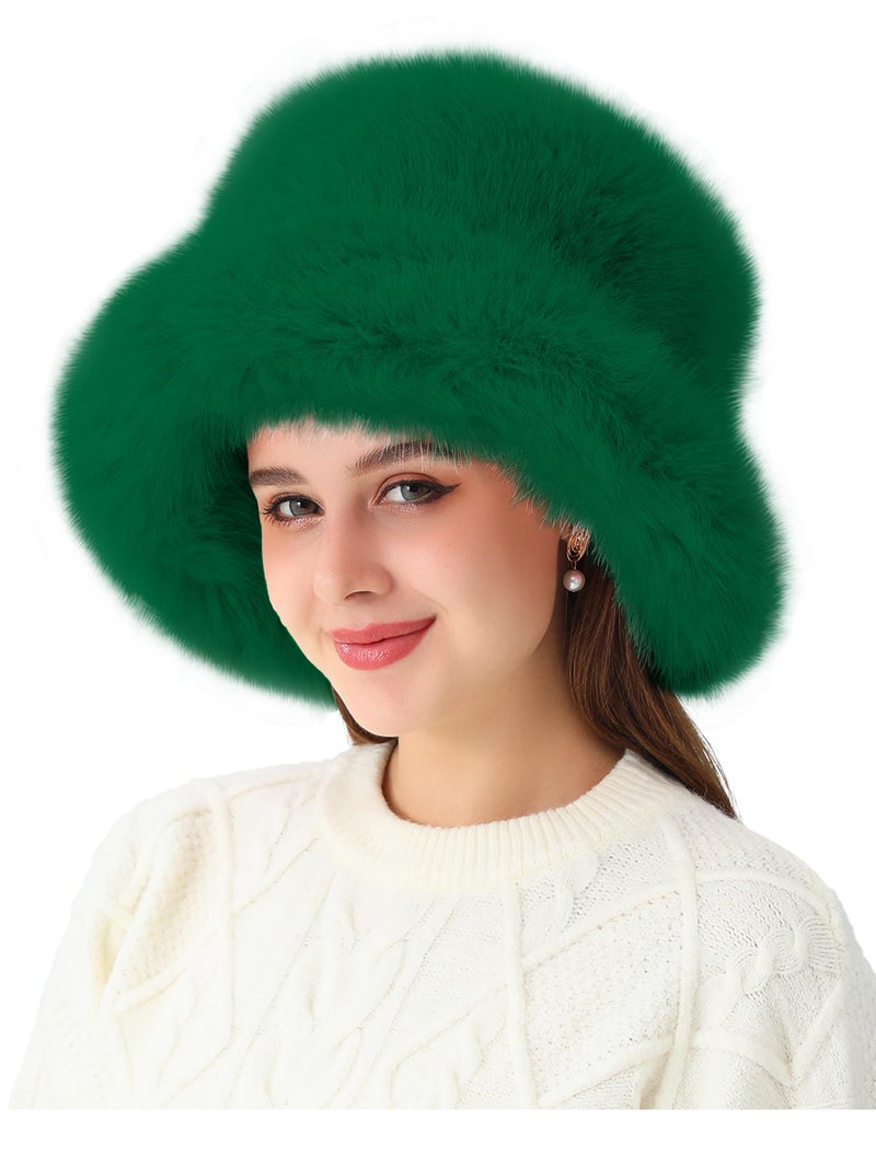 LA CARRIE Women's Fuzzy Wide Brim Faux Fur Bucket Hat Winter Warmer Fisherman Cap(Green) - Image 4