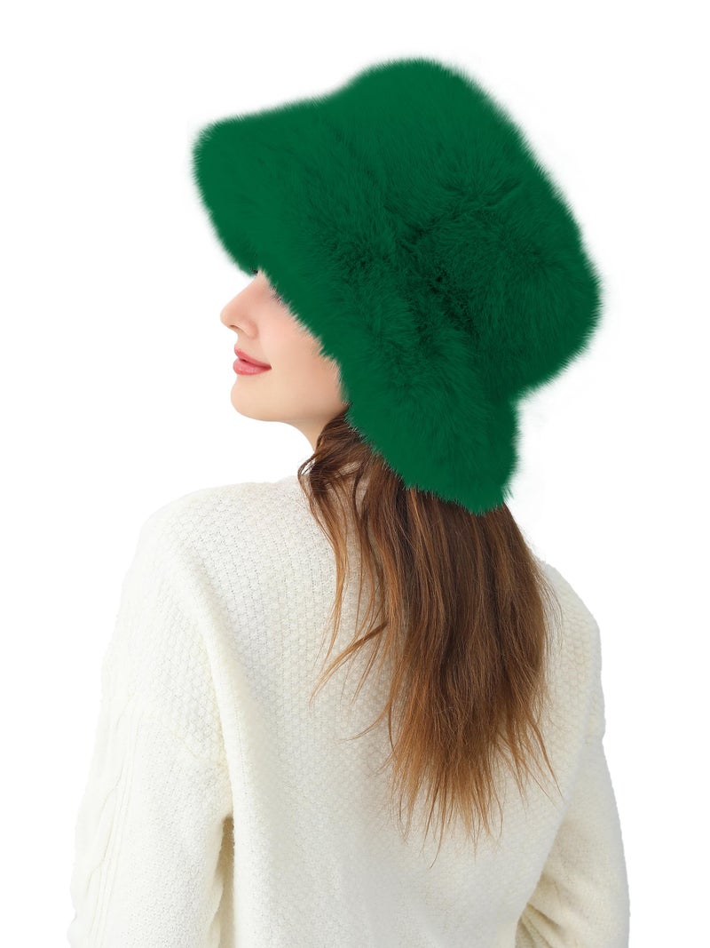 LA CARRIE Women's Fuzzy Wide Brim Faux Fur Bucket Hat Winter Warmer Fisherman Cap(Green) - Image 5