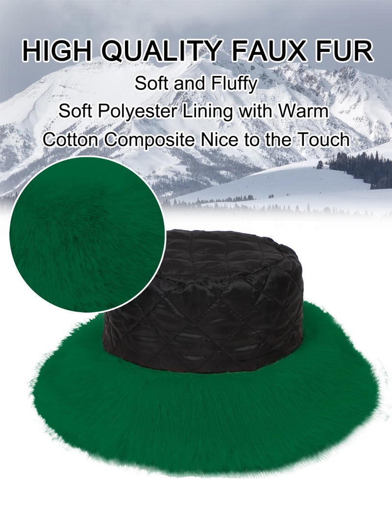LA CARRIE Women's Fuzzy Wide Brim Faux Fur Bucket Hat Winter Warmer Fisherman Cap(Green) - Image 2