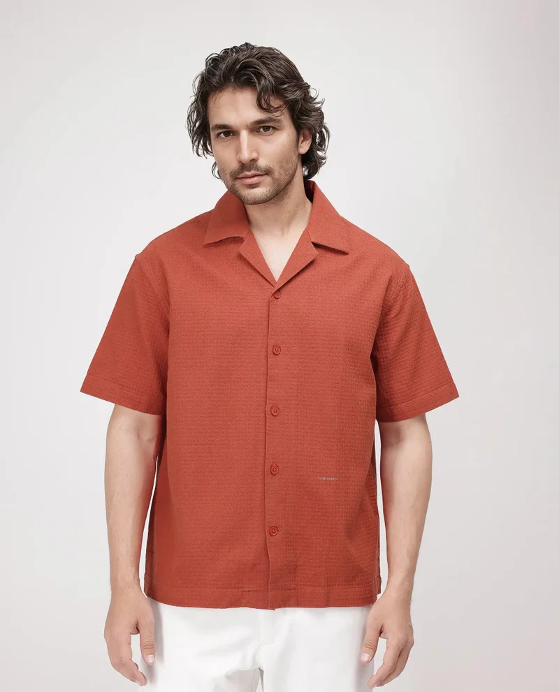 Rare Rabbit Men's Cuban Collar Boxy Fit Textured Shirt