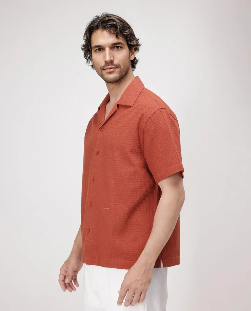 Rare Rabbit Men's Cuban Collar Boxy Fit Textured Shirt