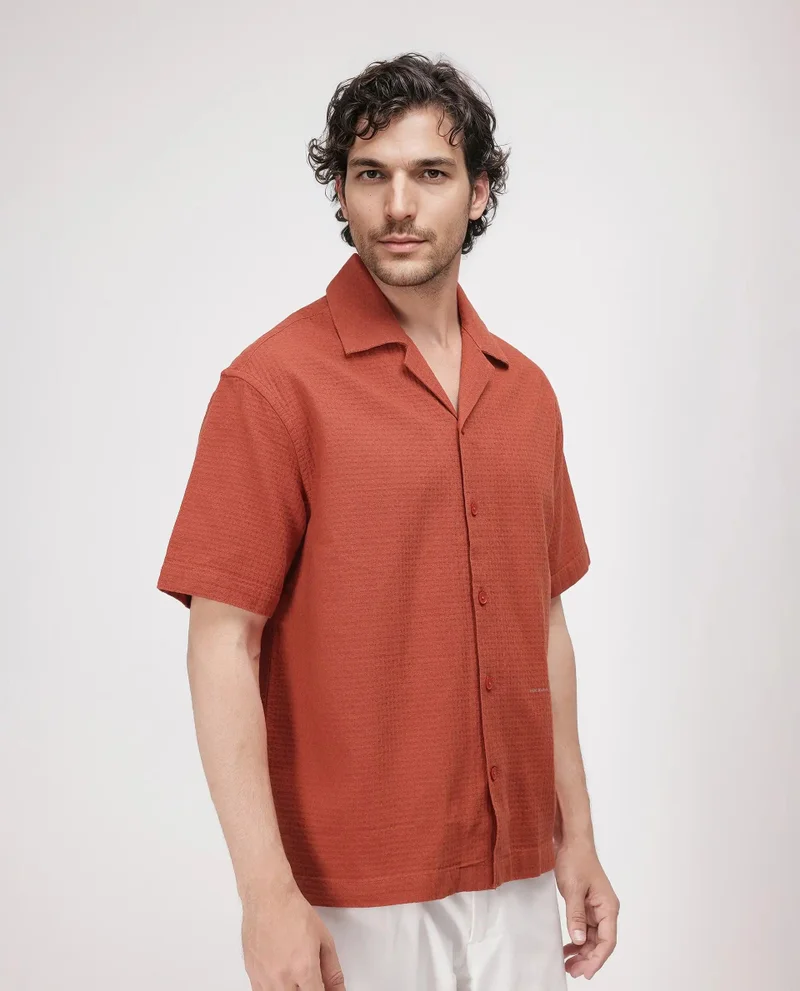 Rare Rabbit Men's Cuban Collar Boxy Fit Textured Shirt