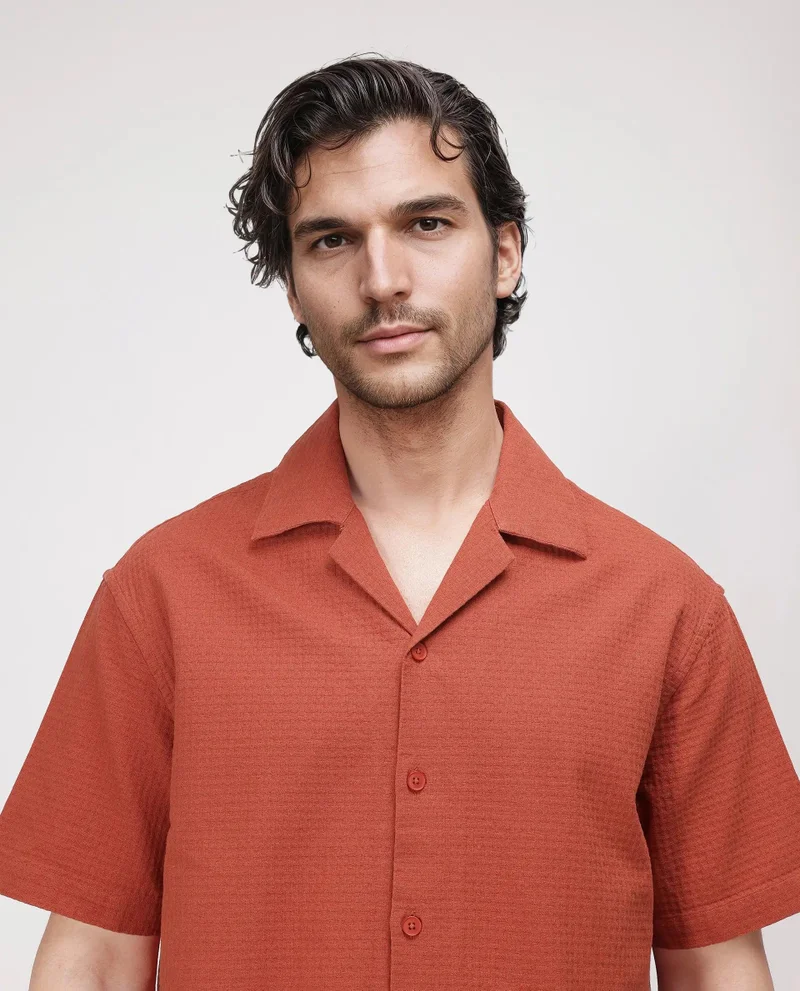 Rare Rabbit Men's Cuban Collar Boxy Fit Textured Shirt