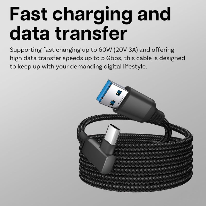 زوني كابل ربط VR من بطول 16.5 قدم، من نوع USB إلى USB-C، مخصص لأجهزة Meta Quest 3S / 3/2 / Pro، Pico 4 Ultra / 4، وأجهزة الكمبيوتر/Steam VR، مصنوع من النايلون المنسوج بزاوية 90 درجة، لاستخدامه مع الرؤوس الخاصة بألعاب الواقع الافتراضي (لون أسود، منفذ USB-A) - Image 5