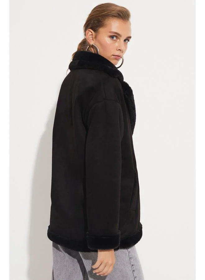 JUNE June Pu Fur Buttoned Biker Coat Black