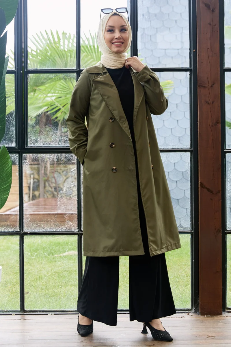 Tofisa Plain Shirt Collar Women's Khaki Trench Coat - 11012