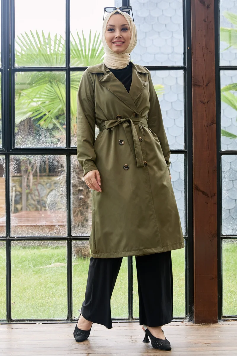Tofisa Plain Shirt Collar Women's Khaki Trench Coat - 11012