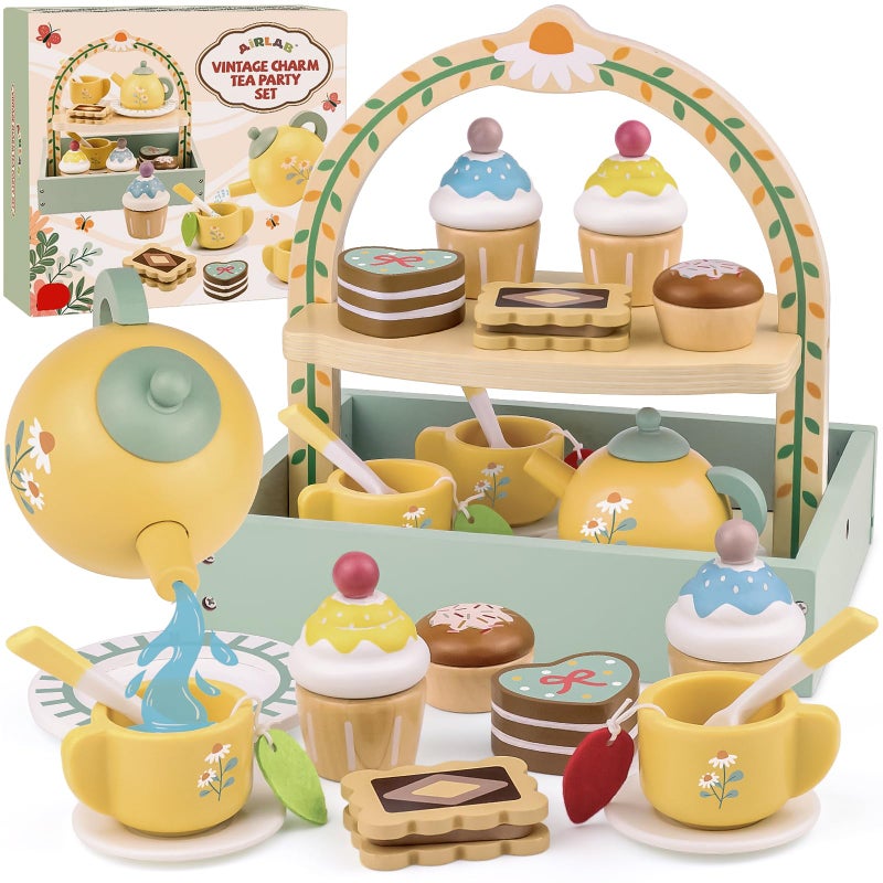 Airlab Wooden Tea Sets for Little Girls Play Food Cake Toys Toddlers 35 Kitchen Accessories Pretend Play Princess Playset for 3 4 5 6 Year Old Girl Boy Party Birthday Gift - Image 3
