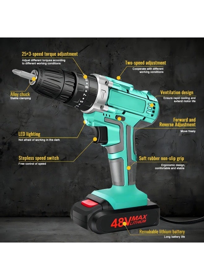 RUIXZSS Cordless Drill Set, 48V Electric Drill Set with Battery and Fast Charger, Electric Screwdriver Power Drill Drivers with 2 Variable Speed, 25+3 Torque Setting for DIY & Home  - Image 3