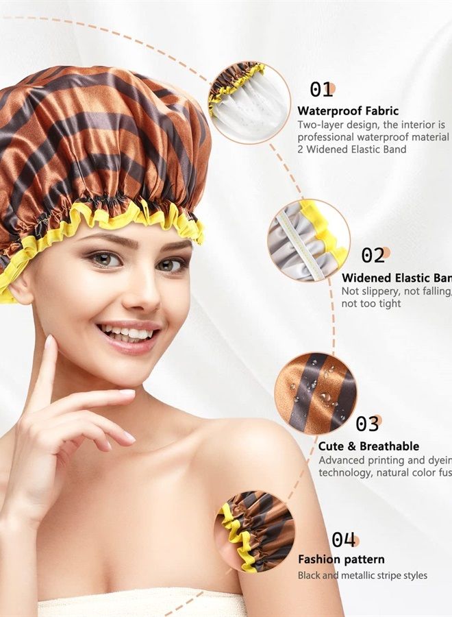 mikimini Shower Cap for Women and Men,2 Pack Double Waterproof Shower Cap for Girls and Kids, Reusable, Washable, Golden Stripes Fashionable Shower Caps Medium Pack of 2 Stripe - Image 2
