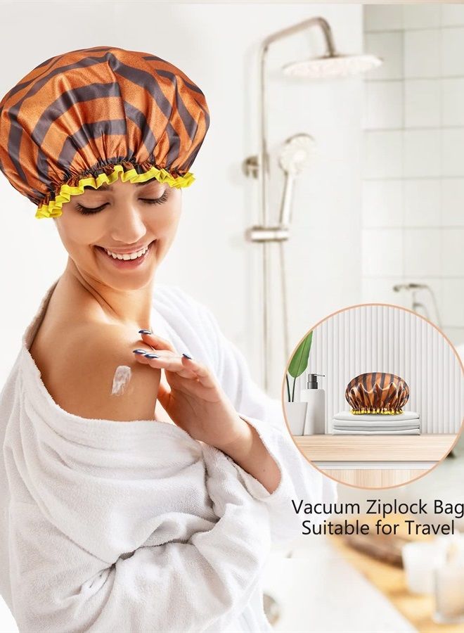 mikimini Shower Cap for Women and Men,2 Pack Double Waterproof Shower Cap for Girls and Kids, Reusable, Washable, Golden Stripes Fashionable Shower Caps Medium Pack of 2 Stripe - Image 1