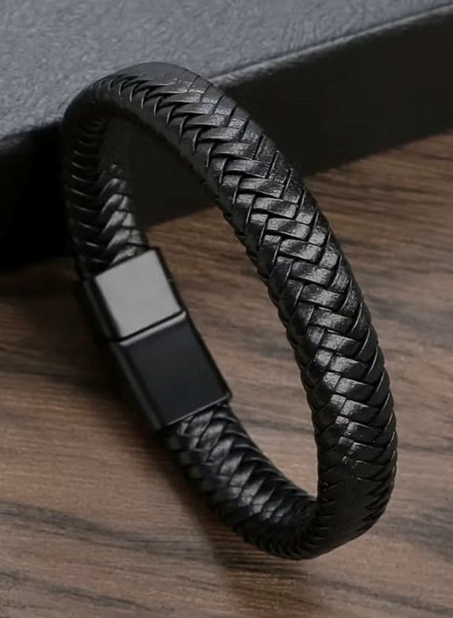 Premium Leather Men Bracelet ,Magnetic Stainless Steel, Black, Great Gift Idea - Image 2