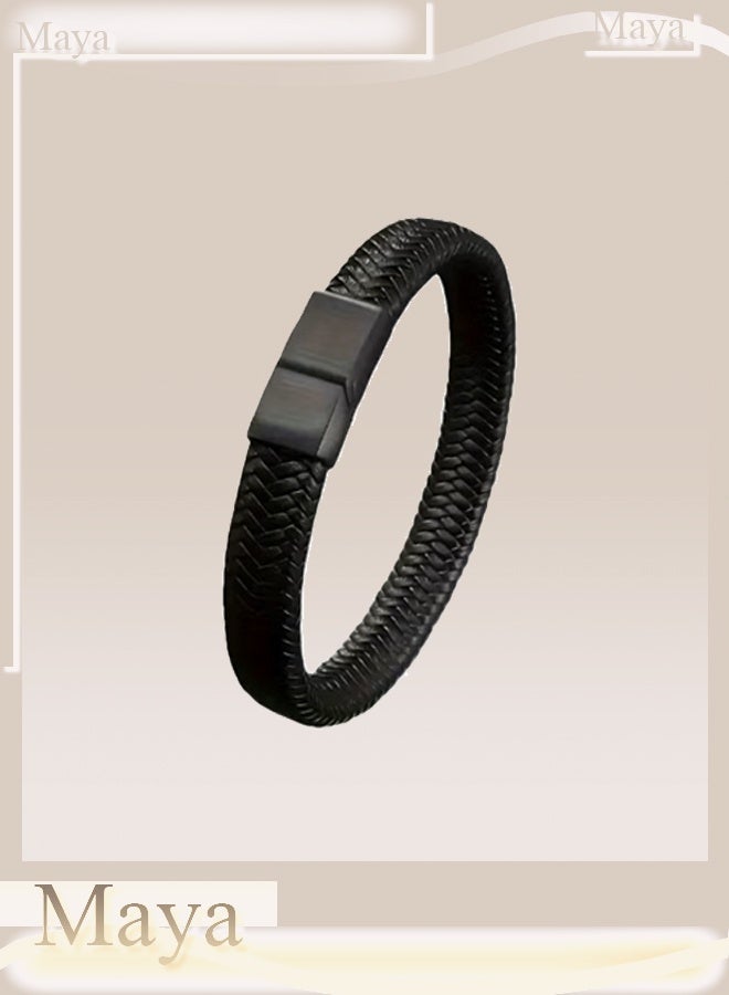 Premium Leather Men Bracelet ,Magnetic Stainless Steel, Black, Great Gift Idea - Image 1
