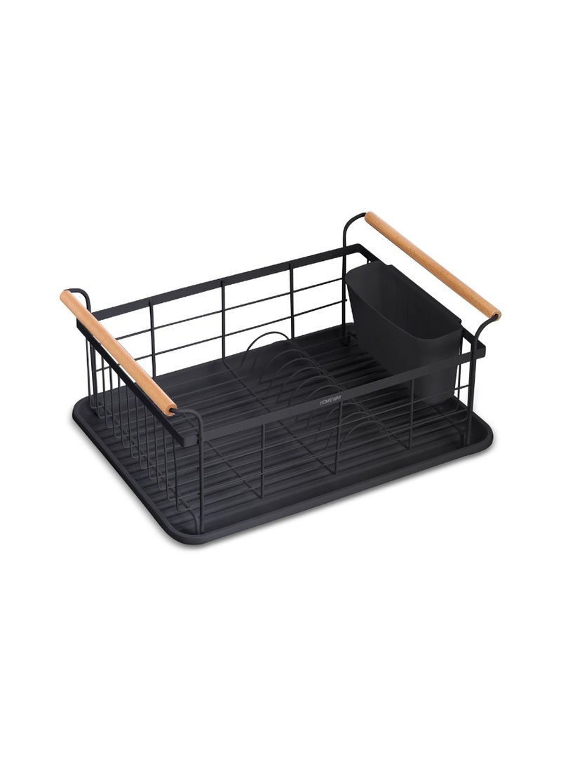 Homeway Dish Drying Rack with Wooden Handles Large Capacity Removable Drainboard Utensil Holder Rust Resistant Countertop Organizer HW3857 Black - Image 1