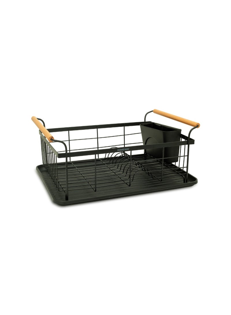 Homeway Dish Drying Rack with Wooden Handles Large Capacity Removable Drainboard Utensil Holder Rust Resistant Countertop Organizer HW3857 Black - Image 2