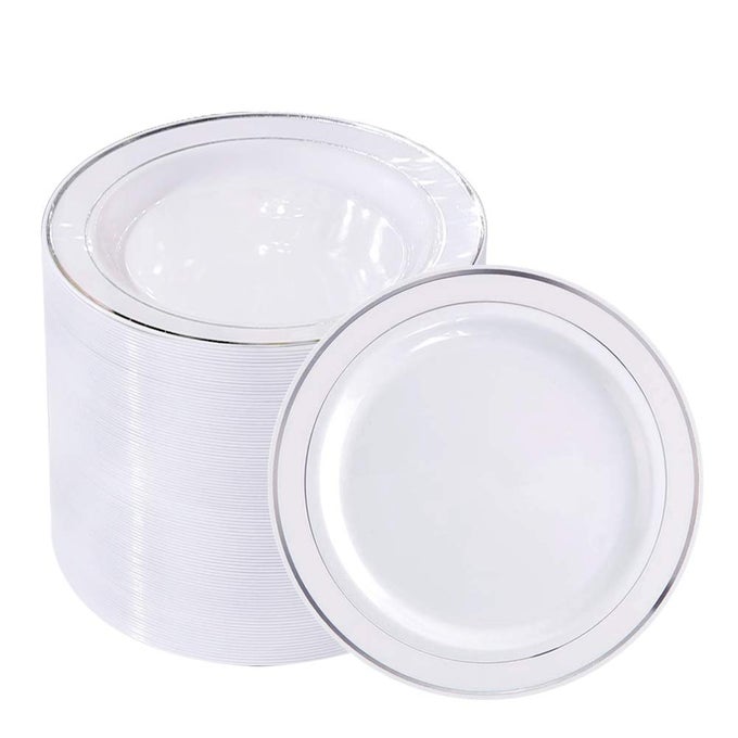 100PIECES SILVER PLASTIC PLATES 625INCH WHITE WITH SILVER RIM DISPOSABLE SALADDESSERTAPPETIZERSMALL CAKE PLATES FOR WEDDINGS PARTIESGATHERING