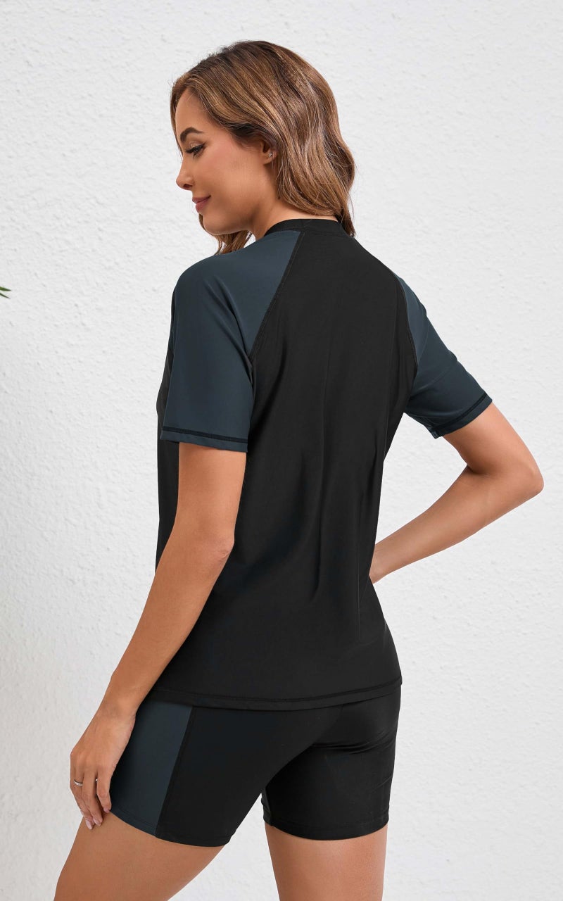 Halcurt Women's Short Sleeve Rash Guard Sets with Built in Bra UPF50+ Swim Shirt Top and Shorts Black S - Image 4