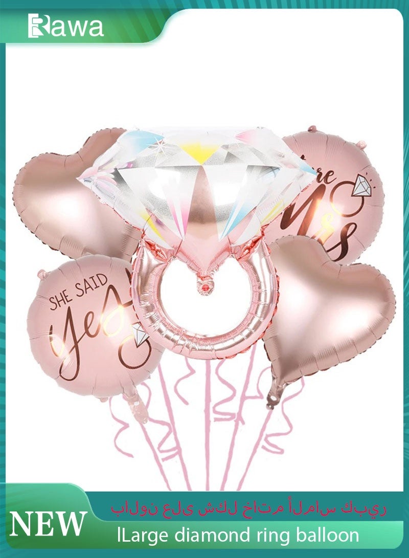 روعة مجموعة بالونات رقائقية على شكل خاتم ألماس، 5 قطع من مستلزمات حفل الزفاف للعروس لحفل الزفاف العروس لحفل الخطوبة زينة الزفاف - Image 1