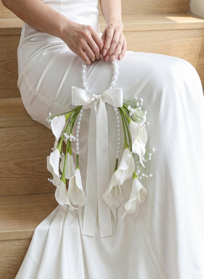 Novabright White Rose Bridal Bouquet with Pearl Handle, Bridal Pearly Bouquet with Flowers with Pearl Bead for Wedding Party Church Bridesmaid(Calla Lily) - Image 4