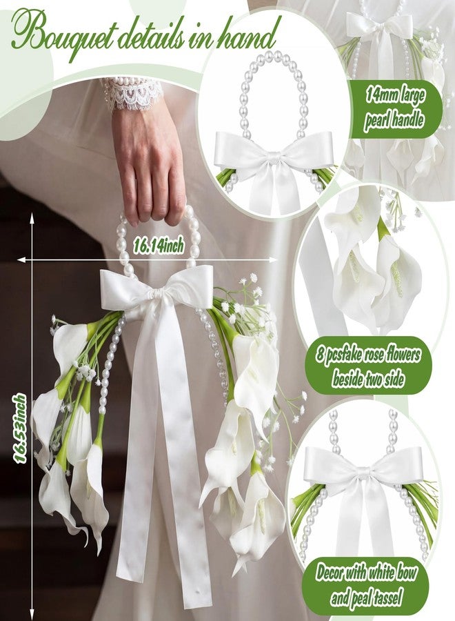 Novabright White Rose Bridal Bouquet with Pearl Handle, Bridal Pearly Bouquet with Flowers with Pearl Bead for Wedding Party Church Bridesmaid(Calla Lily) - Image 2