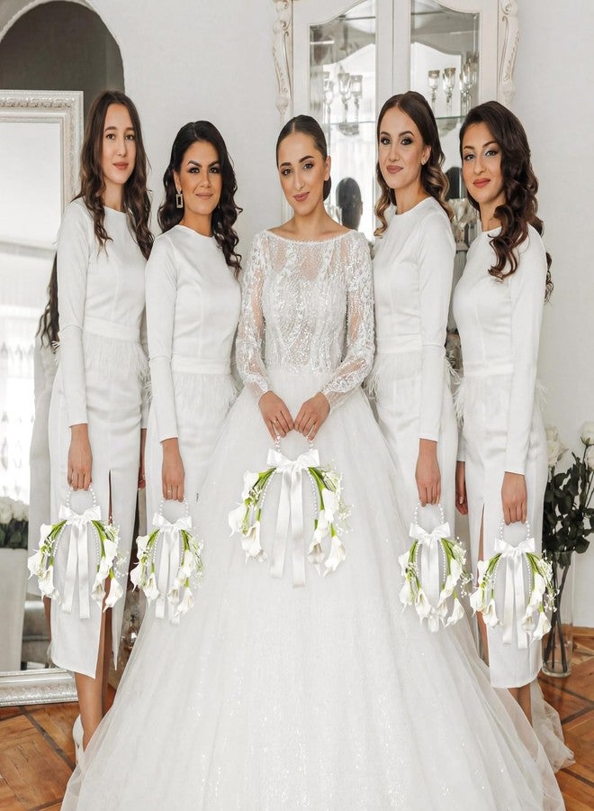 Novabright White Rose Bridal Bouquet with Pearl Handle, Bridal Pearly Bouquet with Flowers with Pearl Bead for Wedding Party Church Bridesmaid(Calla Lily) - Image 3
