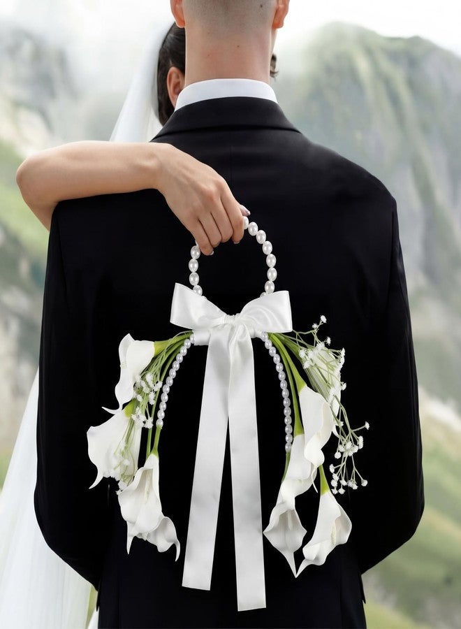 Novabright White Rose Bridal Bouquet with Pearl Handle, Bridal Pearly Bouquet with Flowers with Pearl Bead for Wedding Party Church Bridesmaid(Calla Lily) - Image 5