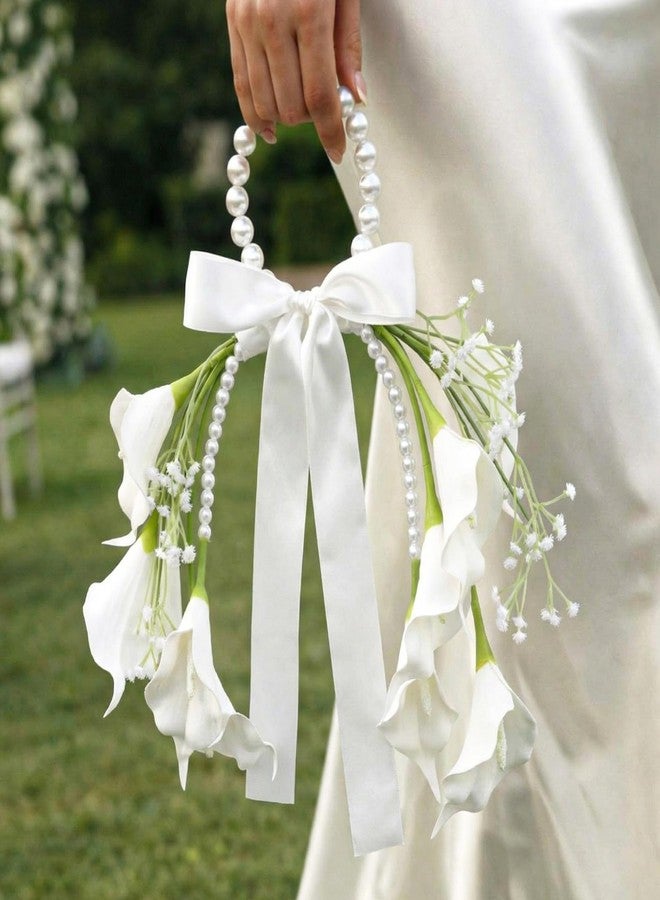 Novabright White Rose Bridal Bouquet with Pearl Handle, Bridal Pearly Bouquet with Flowers with Pearl Bead for Wedding Party Church Bridesmaid(Calla Lily) - Image 1