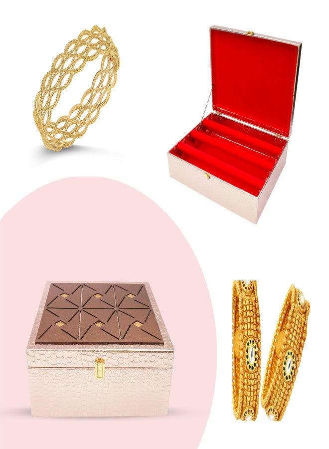 ادسون صندوق عرض وتخزين أساور ADSON بثلاثة قضبان، منظم مجموعة تشودي، صندوق عرض وتخزين مجوهرات للأساور والتشودي، صندوق خشبي مخملي للأساور، صندوق منظم للأساور، صندوق تخزين مجوهرات بثلاثة قضبان (ذهبي وردي) - Image 5