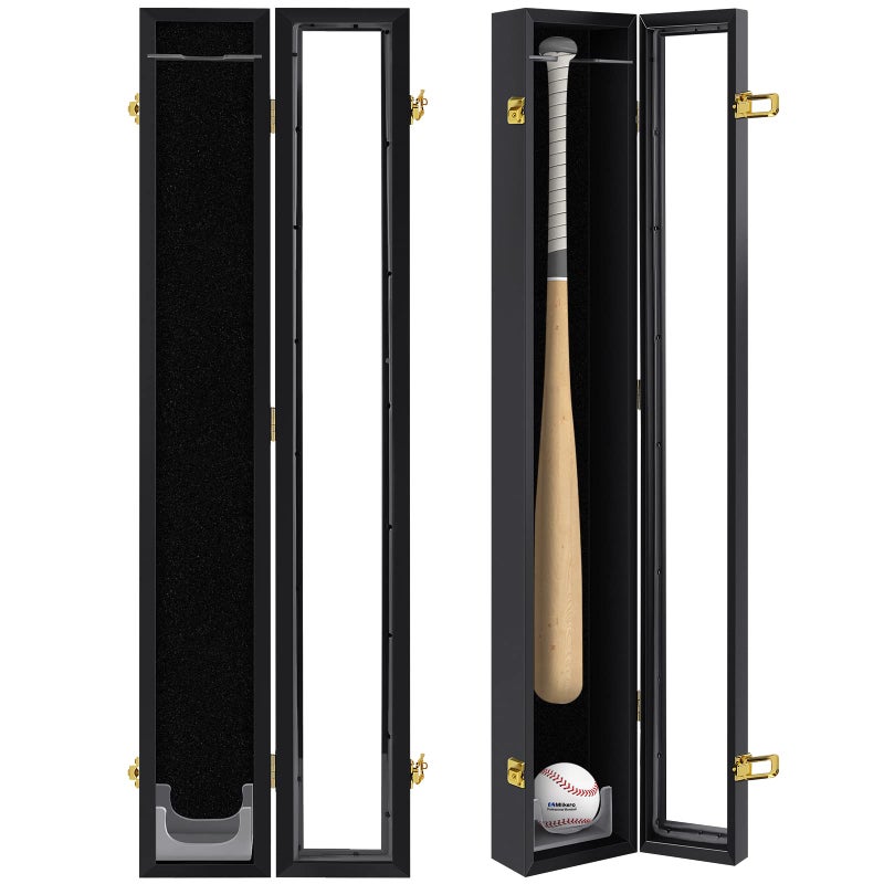Mlikero Baseball Bat Display Case Wall Mounted Vertical or Horizontal Wooden Frame w98 UV ProtectionLock with Acrylic Single bat Transparent Door Holder Rack Cabinet Shadow BoxSingle bat Black