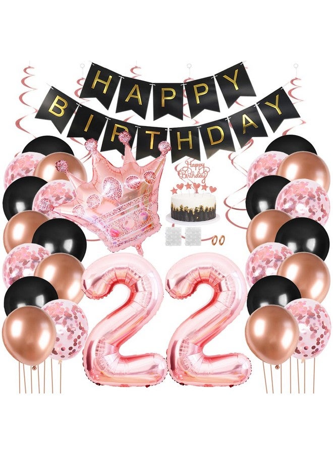 Juland 22Nd Birthday Party Decorations Black Gold Rose Happy Birthday Banner Latex Balloon Confetti Balloon Pink Crown 22 Number Foil Balloon Hanging Swirl With Cake Topper For Boy Girl Men Women - Image 1