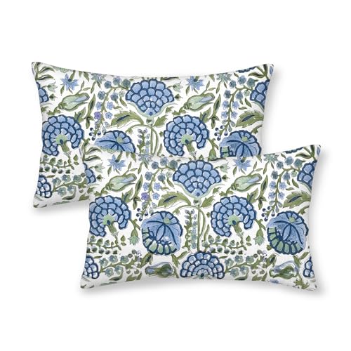 DAFENA Boho Navy Blue Pillow Covers 12x20 Inch 2 Pcs Sage Green Vintage Floral Decor Throw Pillows Spring Flower Summer Outdoor Farmhouse Decoration Pillowcase Cushion Cover for Couch Sofa Bed - Image 1