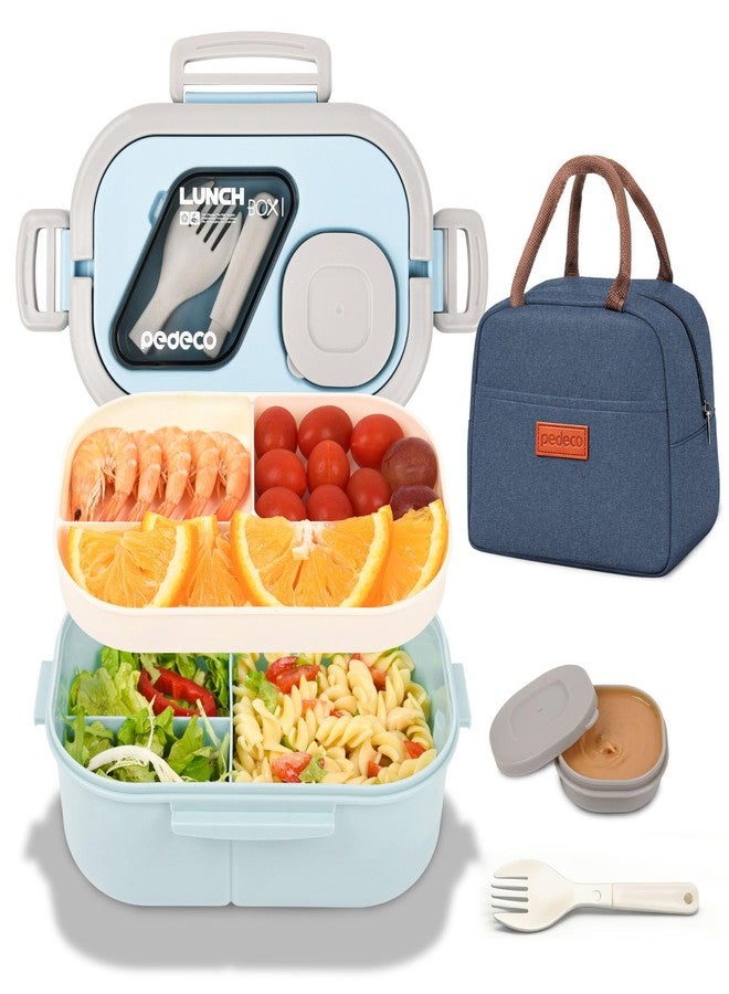 PEDECO Lunch Containers Bento Box Set for Adults & Kids with Insulated Bag, Leakproof 3-Compartment and 2-Tier Stackable Container with Portable Sauce Pod, Microwave/Dishwasher Safe, BPA-Free (Blue) - Image 1