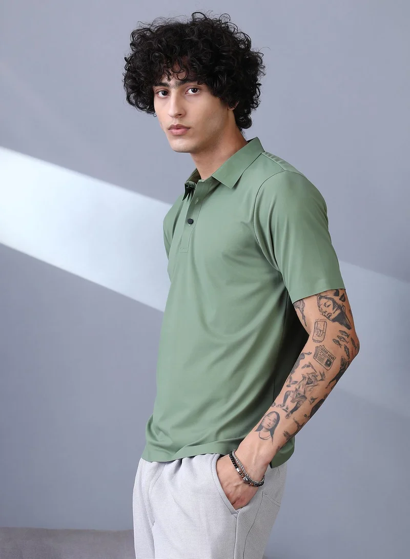 Campus Sutra  Men's Pistachio Green Seamless Touchgrain Polo T-Shirt for Men | Best Price UAE