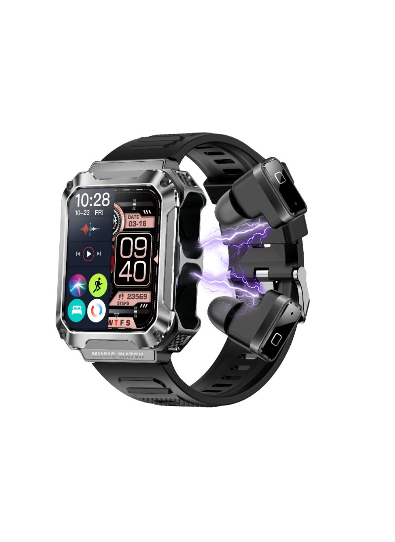 Generic - T93 Bluetooth Smart Watch With Earbuds For Android iPhone Fitness Tracker With Blood Oxygen Heart Rate Sleep Monitor Long Time Standby Sports Silver - Image 1