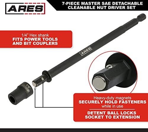 ARES 27086 – Nut Driver Set – SAE Magnetic 7-Piece – Detachable and Cleanable – Radial 6 Point Drive Sockets Load on Flats - Removable Socket Ends for Easy Cleaning – Heavy Duty CR-V Steel - Image 3
