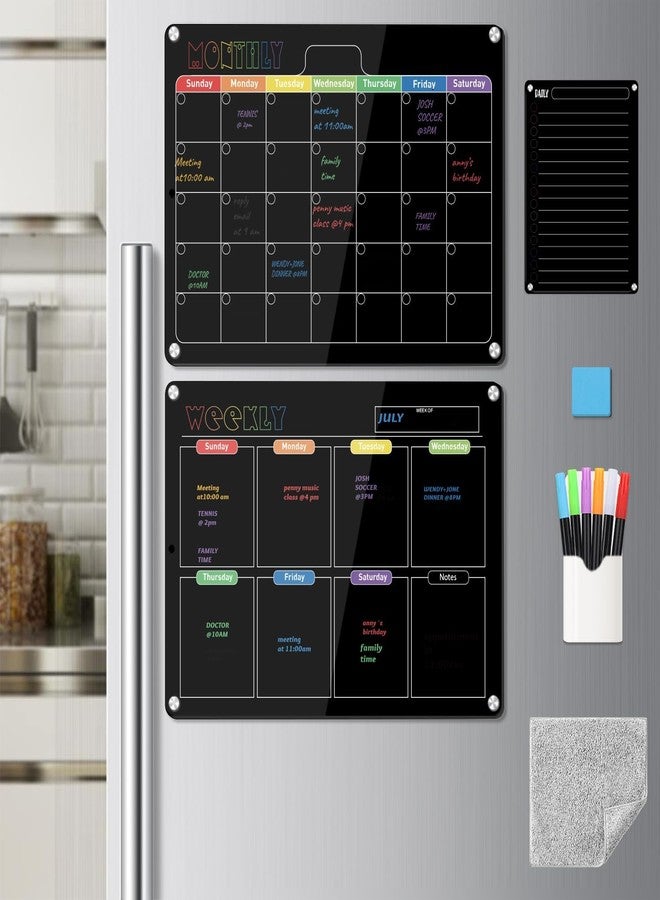 Hivillexun 16.5"x12" Clear Acrylic Magnetic Dry Erase Board with Monthly & Weekly Planner and Daily Notepads, 6 Markers & Large Eraser for Refrigerator Organization (Blcak) - Image 1