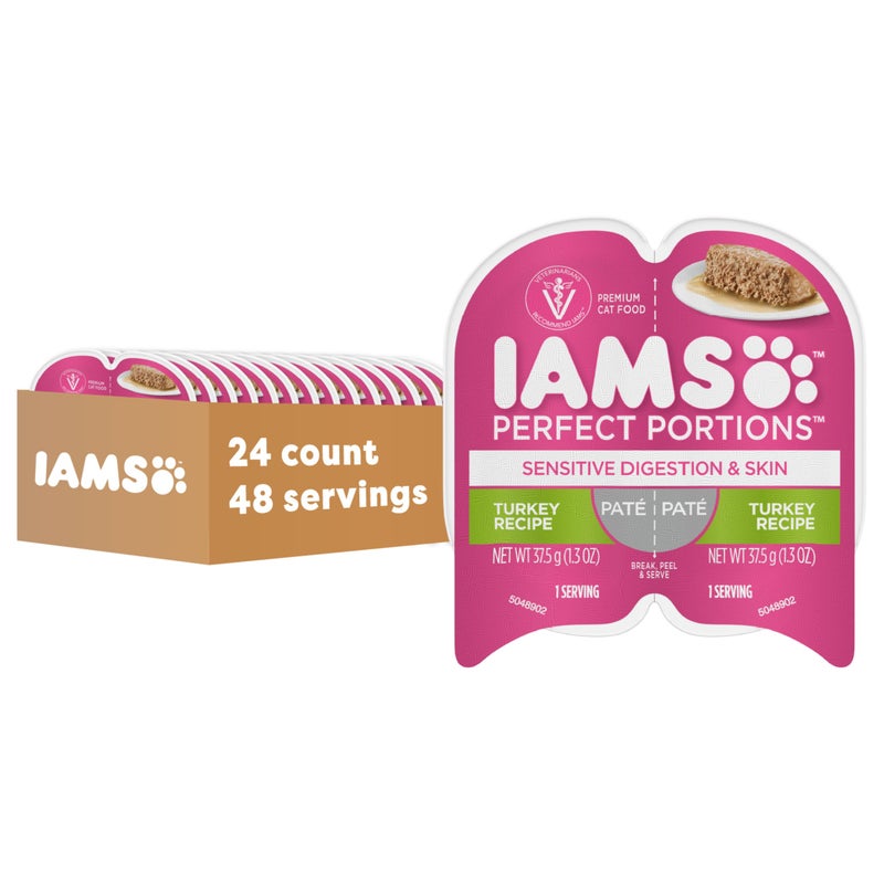 IAMS Perfect Portions Sensitive Digestion & Skin Wet Cat Food Pate, Adult Grain Free Pate, Turkey Recipes, (24) 2.6 oz. Twin-Pack Trays - Image 1