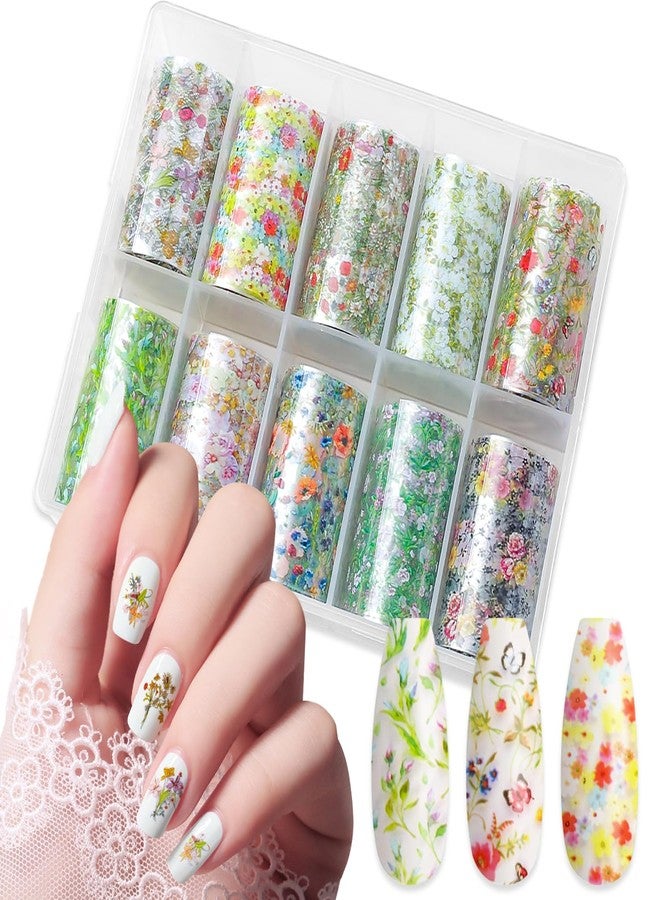 JERCLITY 10 Rolls Spring Flowers Nail Foil Transfer Sticker Kit Nail Foil Sheets Foil Nail Art Decals Flower Nail Foil Transfer Stickers Foil Nail Wraps for Foil Nail Art(Flower-3), JXK053 - Image 1