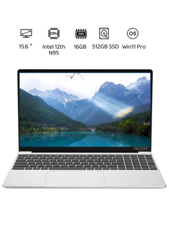 (Upgraded Version) Laptop With 15.6-Inch Display, Intel 12th Gen Alder Lake-N95 Processor/16GB DDR4 RAM/512GB SSD/Dual-Band 5G WIFI+Bluetooth/Fingerprint Unlock/Backlit Keyboard/180-Degree Opening and Closing/Windows 11 Pro Silver english english - Image 1