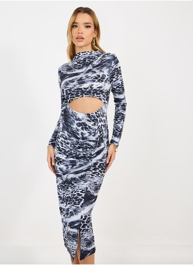 Styli - Animal Print Cut-Out Detail Bodycon Midi Dress - Image 1