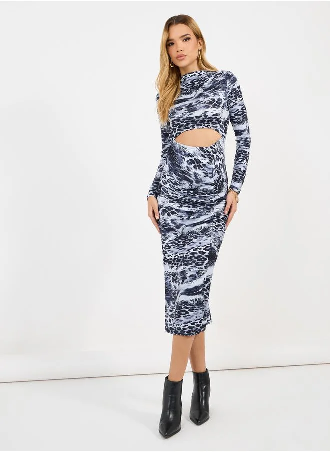 Styli Animal Print Cut-Out Detail Bodycon Midi Dress