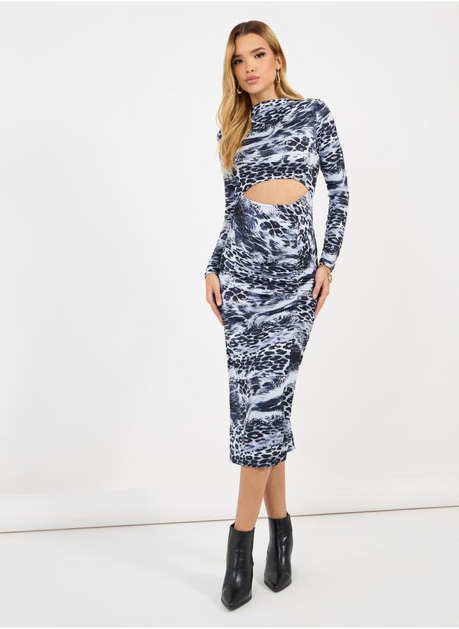Styli - Animal Print Cut-Out Detail Bodycon Midi Dress - Image 1