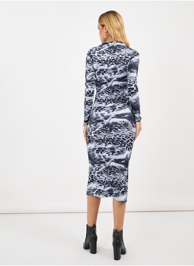 Styli - Animal Print Cut-Out Detail Bodycon Midi Dress - Image 1