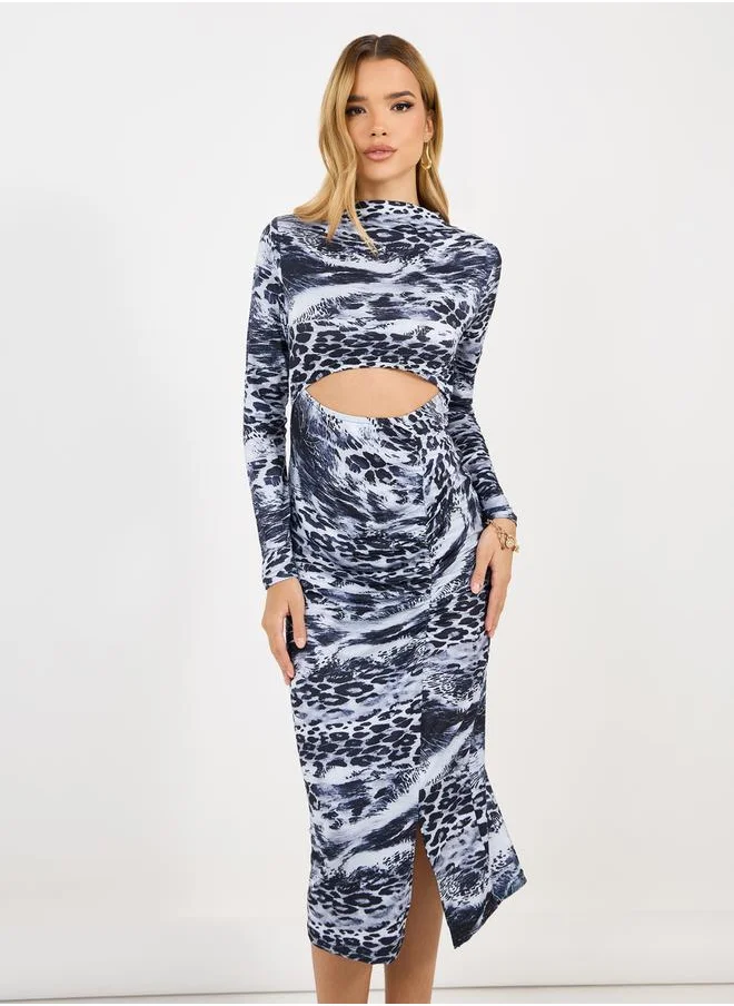 Styli Animal Print Cut-Out Detail Bodycon Midi Dress