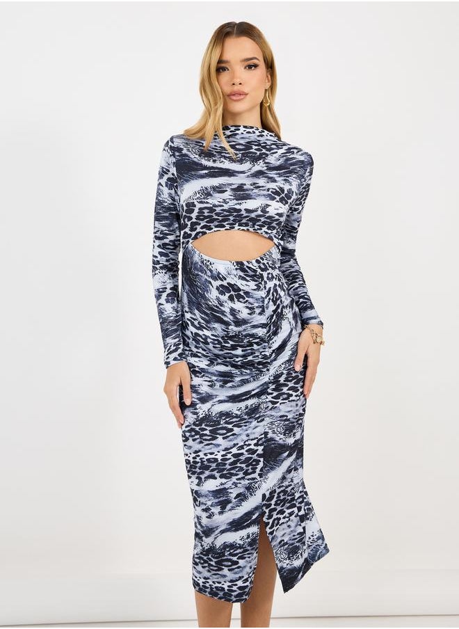Styli - Animal Print Cut-Out Detail Bodycon Midi Dress - Image 1