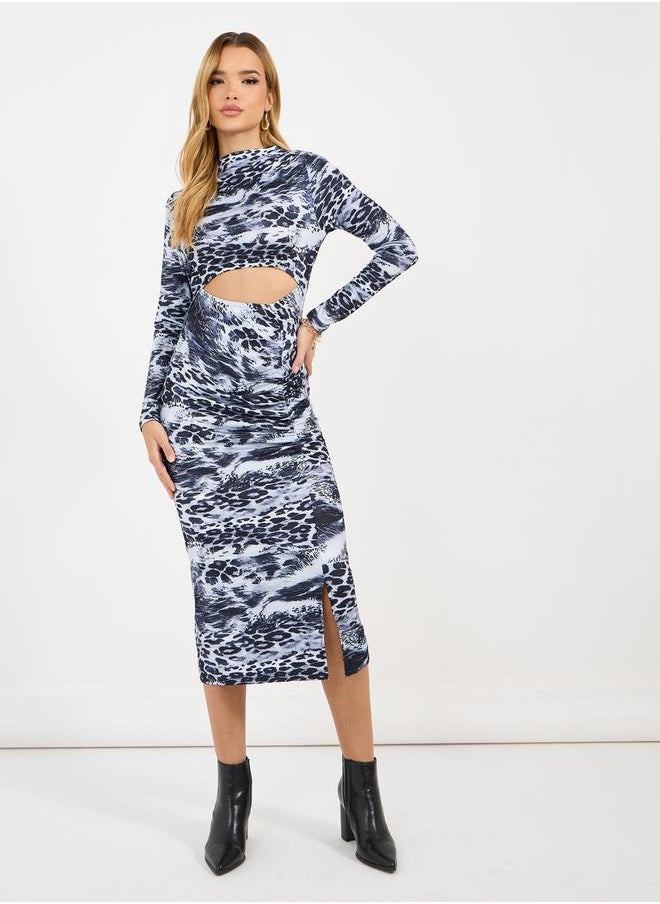 Styli - Animal Print Cut-Out Detail Bodycon Midi Dress - Image 1