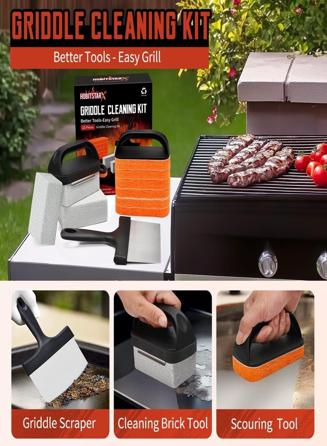 HOBITSTARX Griddle Cleaning Kit for Blackstone – Grill Stone, Non-Scratch Scouring Pads, Heavy-Duty Scraper & Ergonomic Handles – Flat Top Grill Accessories (12PCS Orange) - Image 2