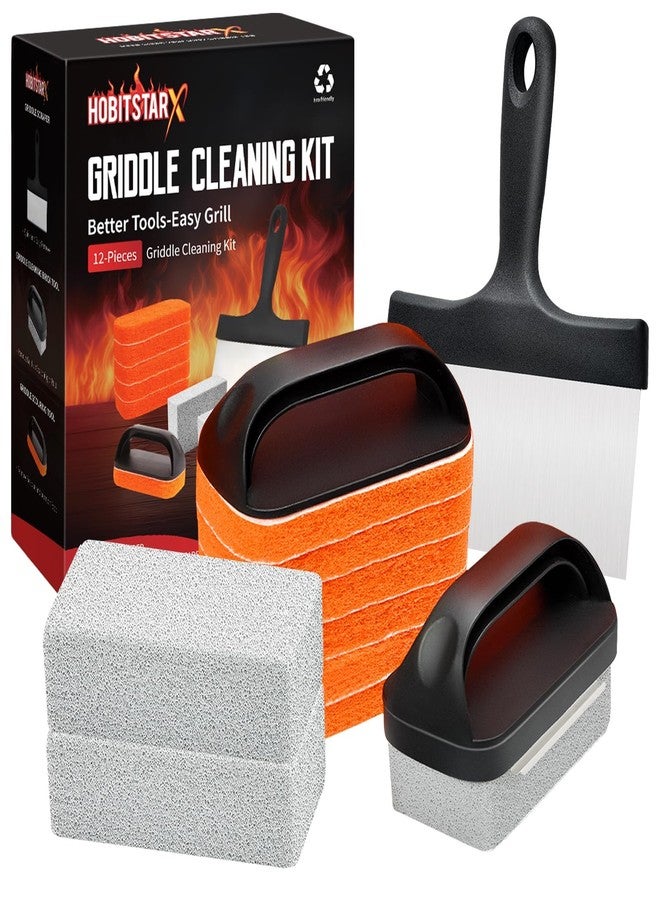 HOBITSTARX Griddle Cleaning Kit for Blackstone – Grill Stone, Non-Scratch Scouring Pads, Heavy-Duty Scraper & Ergonomic Handles – Flat Top Grill Accessories (12PCS Orange) - Image 1