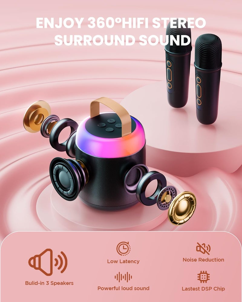 VELOMAX Karaoke Mic with Speaker for Kids, 360° Surround Sound with Ambiance Light, Wireless Mic with 5 Sound Effects, Mike for Singing with Mini Speaker, Birthday Gifts Toys(2 Microphones) - Image 2